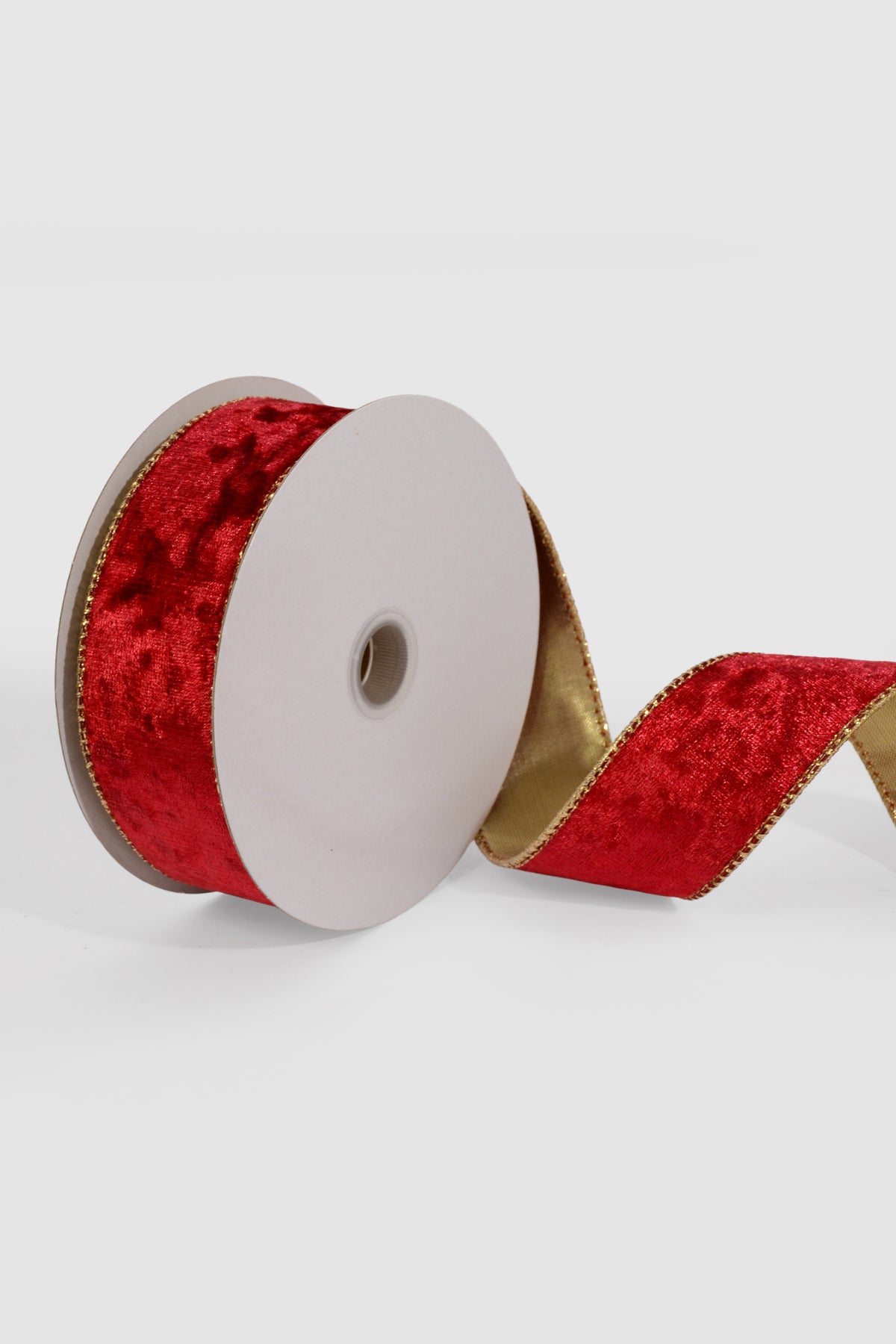 1.5" X 10Yds Wired Crushed Velvet/Gold Back Ribbon Red