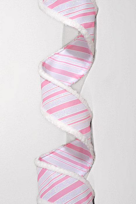 2.5" X 10Yds Wired Glitter Satin Big Snow Edge Iridescent Diagonal Stripe Ribbon Pink/White