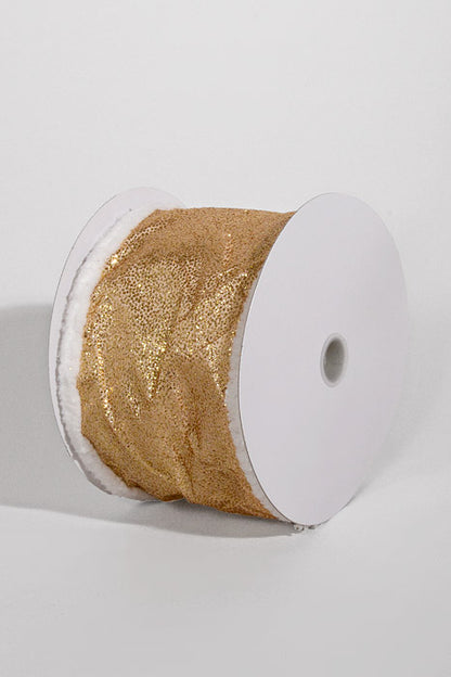4" X 10Yds Wired Glittered Satin W/Big Snow Edge Ribbon Gold