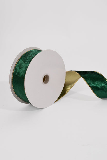 1.5" X 10Yds Wired Crushed Velvet/Gold Back Ribbon Hunter