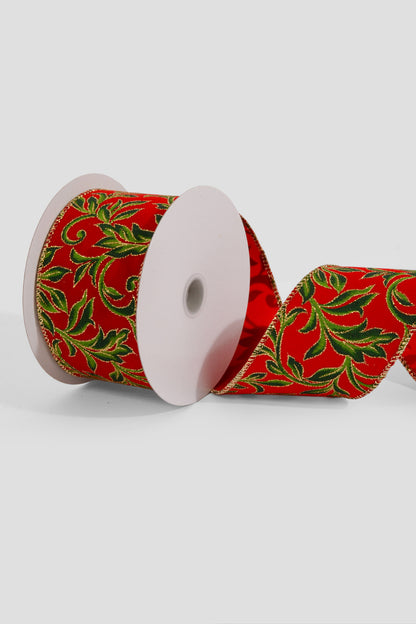 2.5" x 10Yds Wired Velvet/Vine Swirls Ribbon Red/Green/Gold