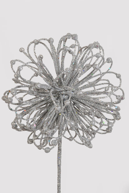 23" Glitter Flower Ball Spray Silver