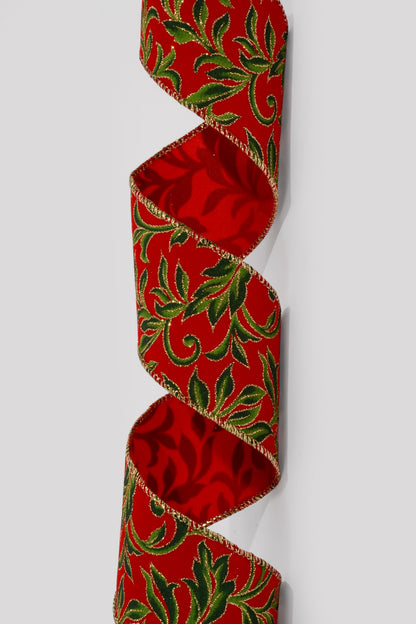 2.5" x 10Yds Wired Velvet/Vine Swirls Ribbon Red/Green/Gold