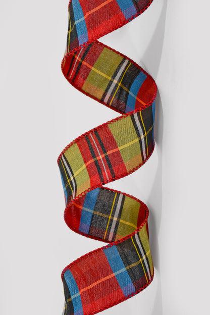 1.5" X 25Y Wired Dupioni Tartan Plaid Lime/Blue/Red/Black/Yellow