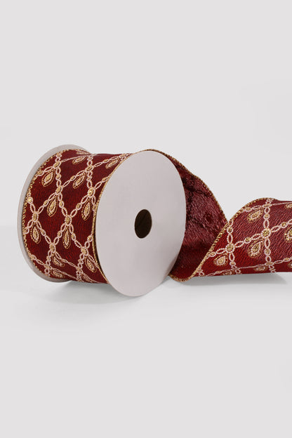 2.5" X 10Yds Wired Metallic Satin/Gold-White Jewel Diamonds Ribbon Burgundy