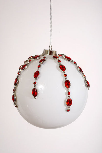 6" Glass Rhinestone Ball Ornament White/Red