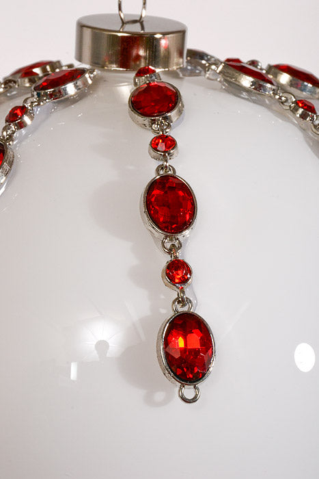 6" Glass Rhinestone Ball Ornament White/Red