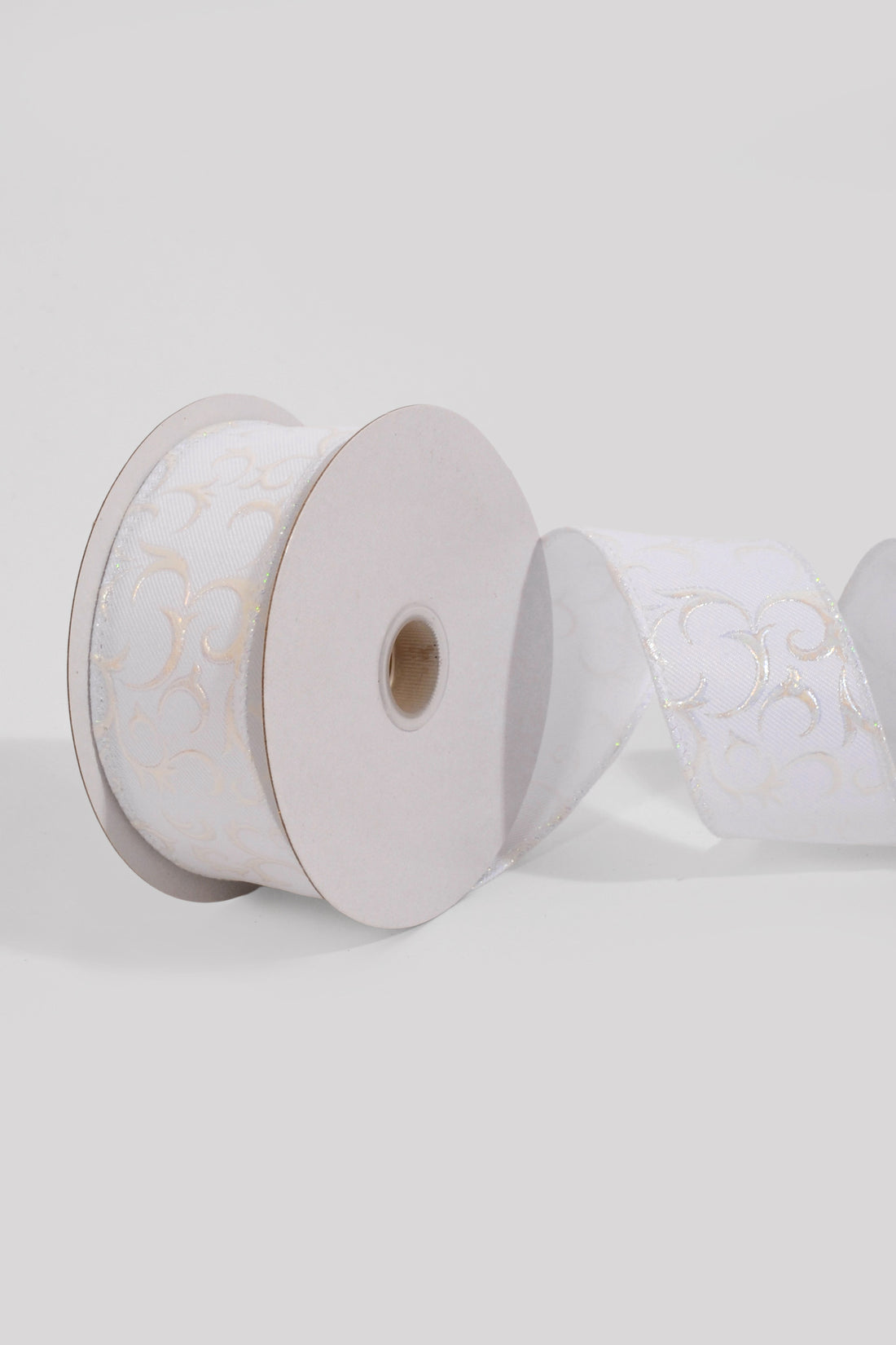 2.5" x 10Yds Wired White Diagonal Lines/White Embossed Swirls Ribbon
