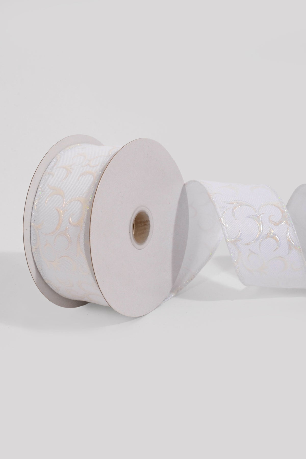 2.5" x 10Yds Wired White Diagonal Lines/White Embossed Swirls Ribbon