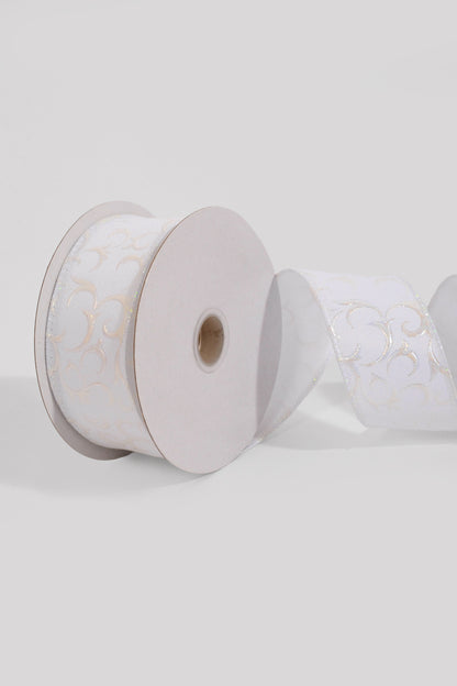 2.5" x 10Yds Wired White Diagonal Lines/White Embossed Swirls Ribbon