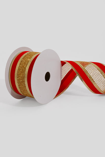 2.5" X 10Yds Wired Red Velvet/Gold Net Center Ribbon Red/Gold