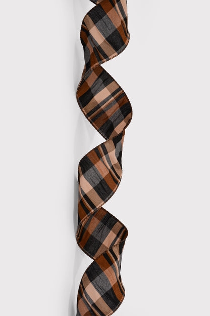 2.5" X 10Yds Wired Faux Dupioni Plaid Ribbon Brown/Tan/Black