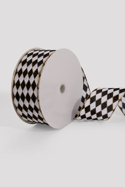 2.5" X 50Yds Wired White Glitter Satin Harlequin Ribbon