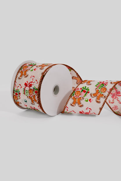 2.5" x 10Yds Wired Ivory Linen/Gingerbread Presents Ribbon