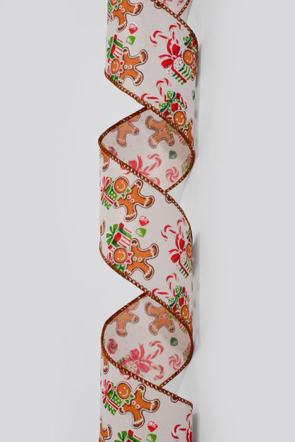 2.5" x 10Yds Wired Ivory Linen/Gingerbread Presents Ribbon
