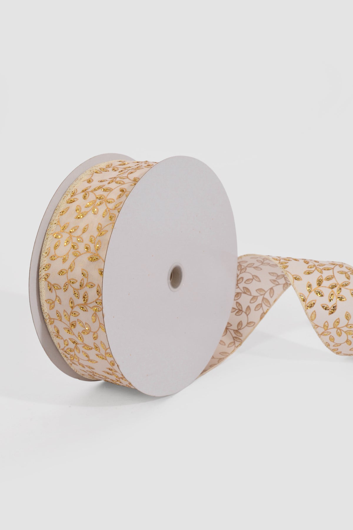 2.5" X 50Yds Wired Ivory Satin/Gold Tiny Leaf Vines Ribbon