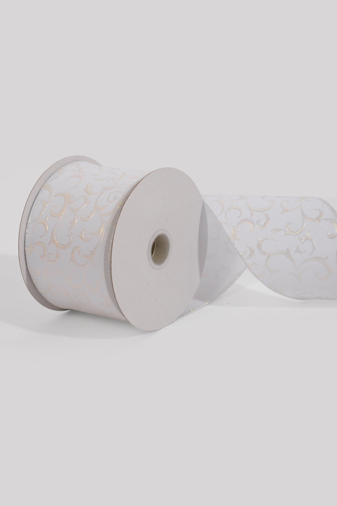 1.5" x 10Yds Wired White Diagonal Lines/White Embossed Swirls Ribbon