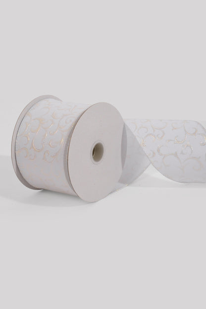 1.5" x 10Yds Wired White Diagonal Lines/White Embossed Swirls Ribbon