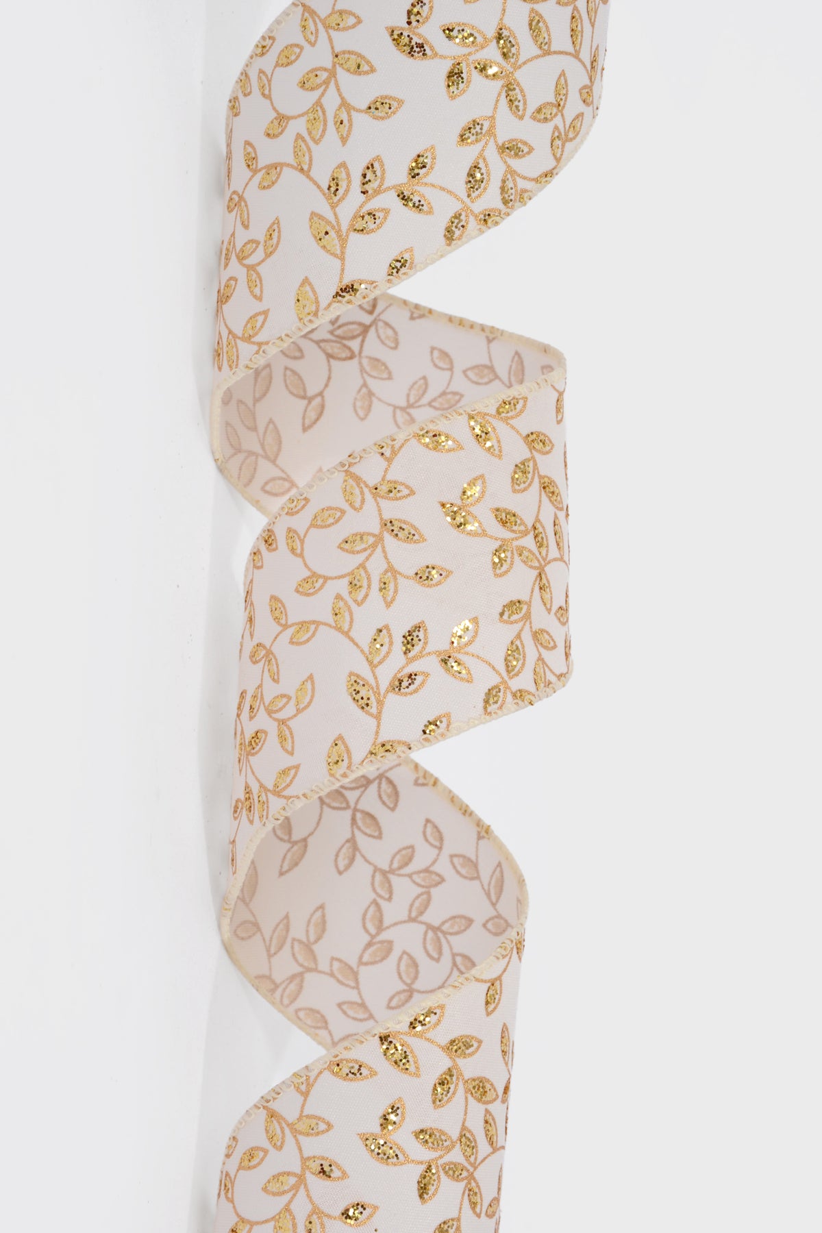2.5" X 50Yds Wired Ivory Satin/Gold Tiny Leaf Vines Ribbon