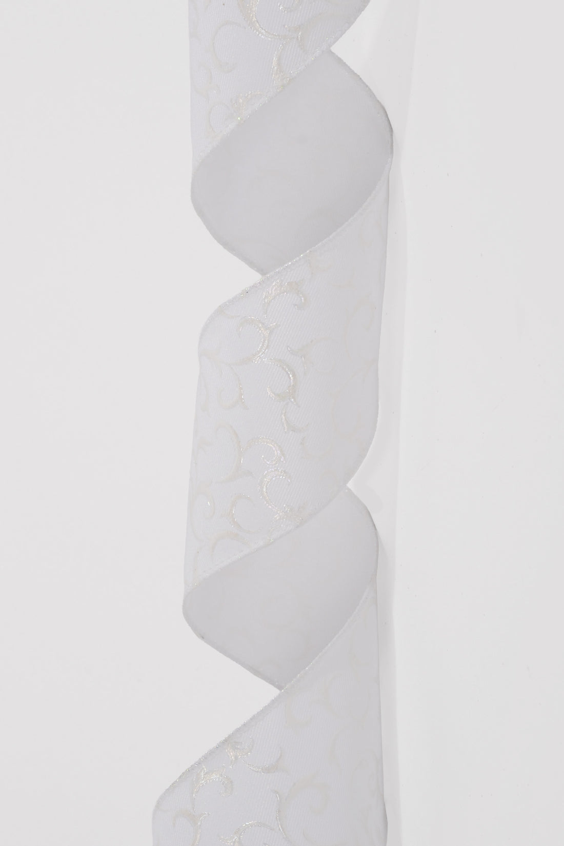 1.5" x 10Yds Wired White Diagonal Lines/White Embossed Swirls Ribbon