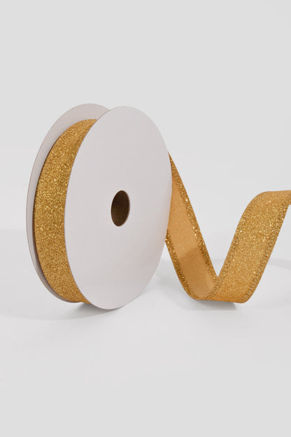 7/8" X 10Yds Wired All Flat Glitter Ribbon Gold