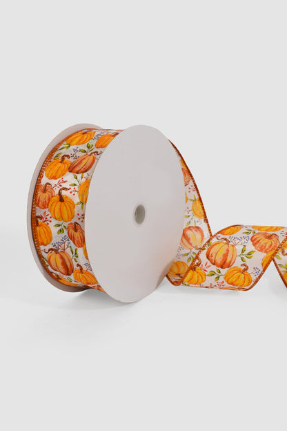 2.5" X 50Yds Wired Ivory Satin/Pumpkins Ribbon