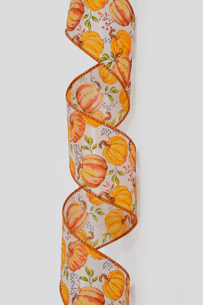 2.5" X 50Yds Wired Ivory Satin/Pumpkins Ribbon