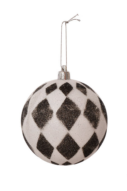 100mm Plastic Glitter Harlequin Ball Ornament Black/White Box-3