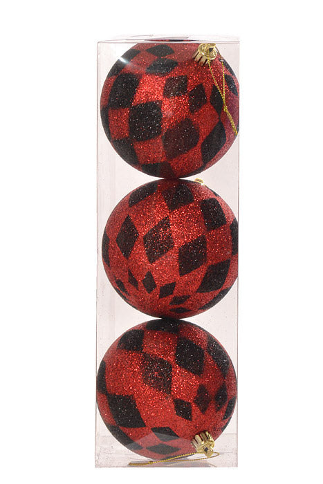 100mm Plastic Glitter Harlequin Ball Ornament Red/Black Box-3