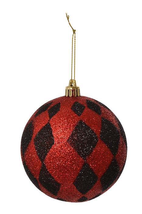100mm Plastic Glitter Harlequin Ball Ornament Red/Black Box-3