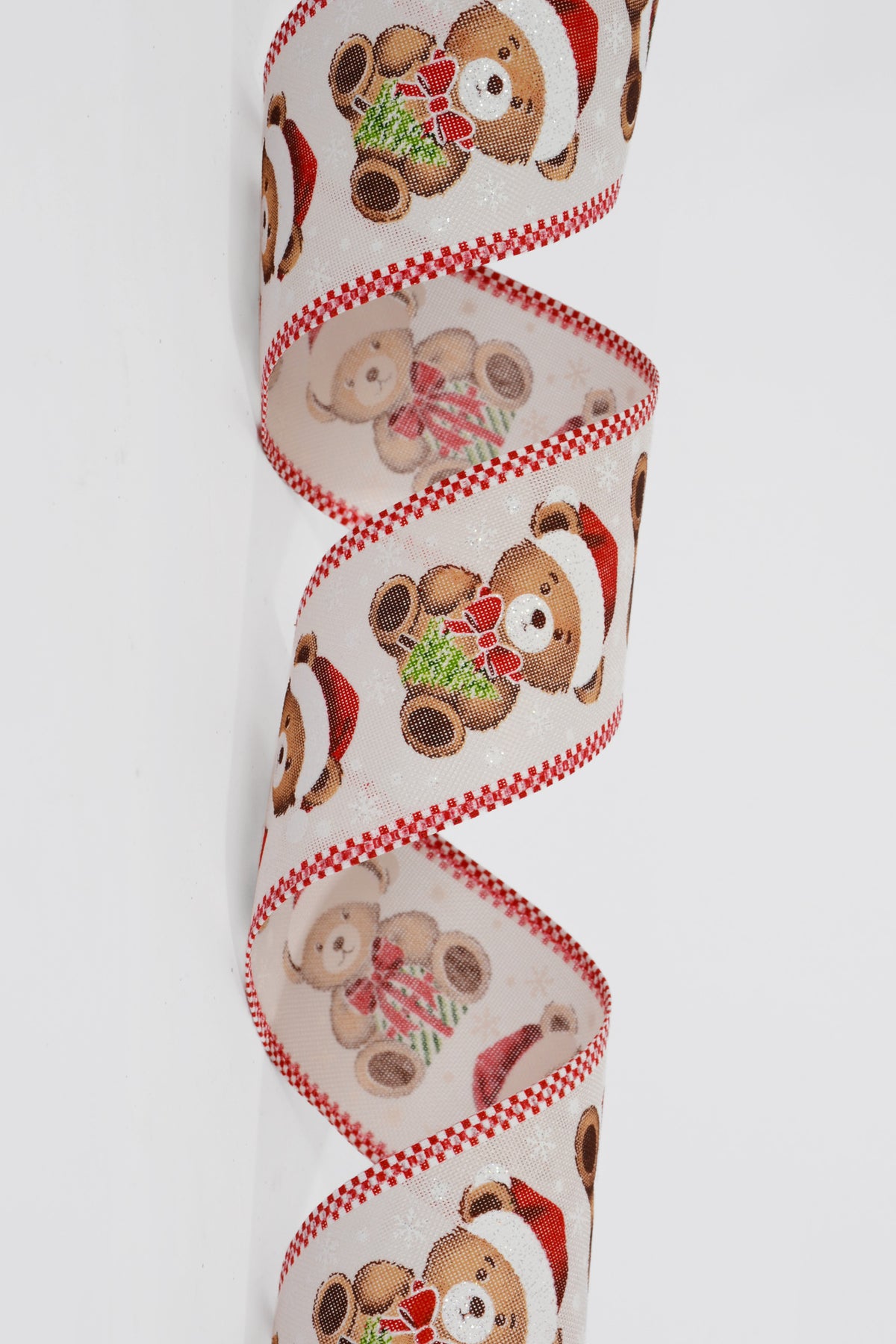 2.5" X 10Yds Wired Linen Christmas Teddies Ribbon Ivory/Red-White