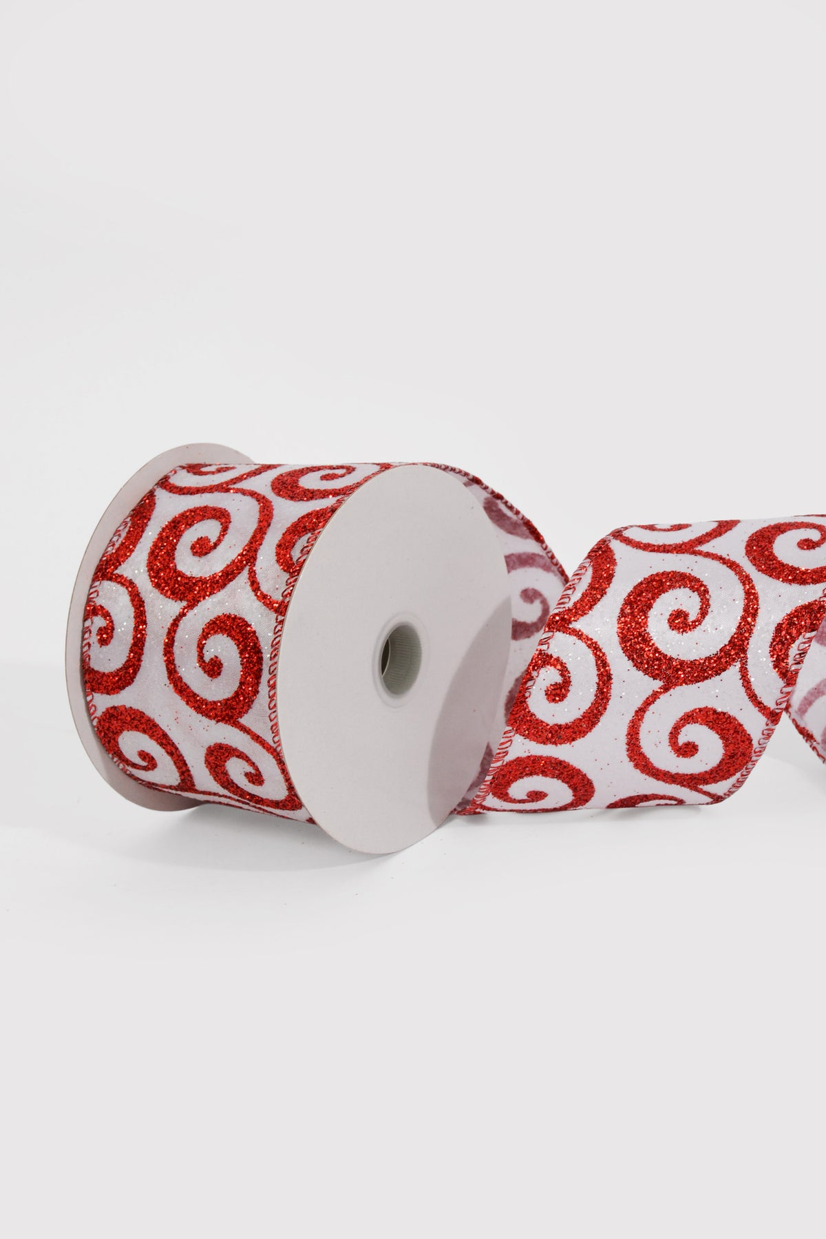 2.5" X 10Yds Wired White/Red Satin W/Glitter Swirl Ribbon