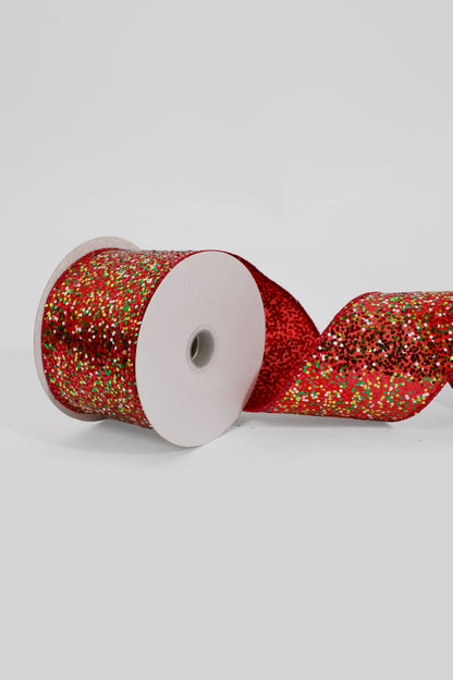 2.5" X 10Yds Wired Heavy Confetti Glitter Ribbon Red/Lime/White