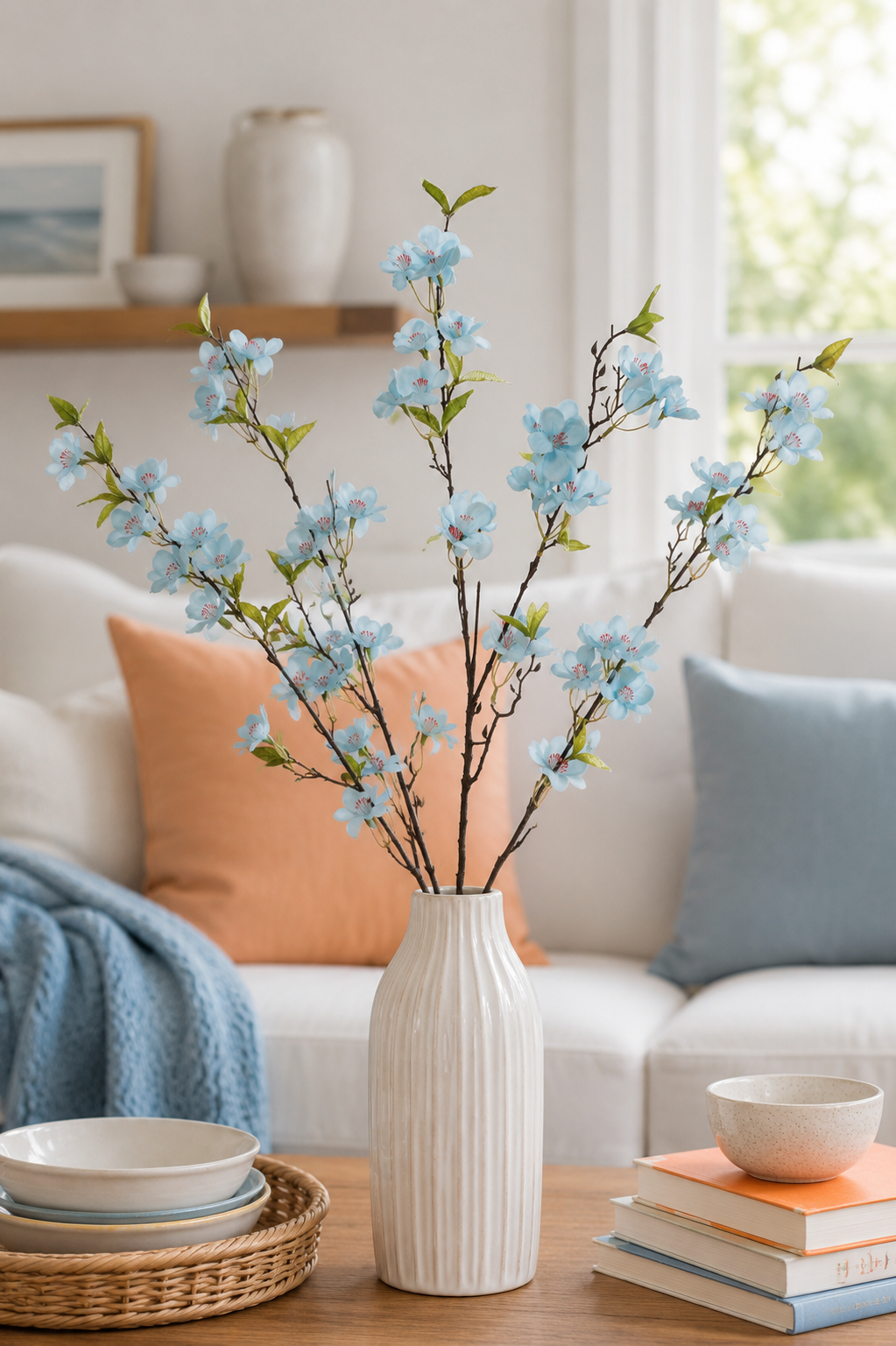 35" Silk Cherry Blossom Spray Blue