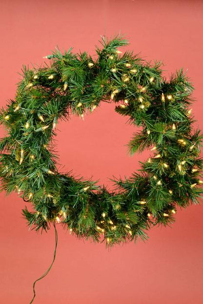 24" Charleston Wreath W/100 Lights Green