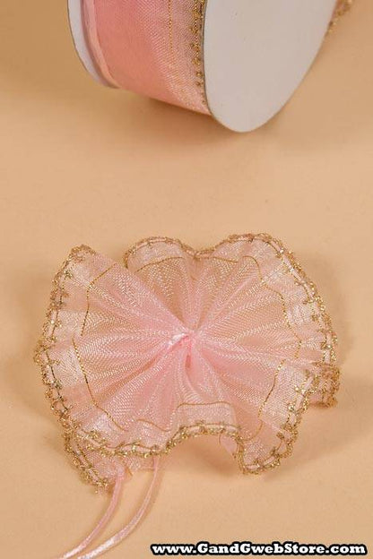1.5" X 25yds Side Pull Bow W/gold Trim Pink