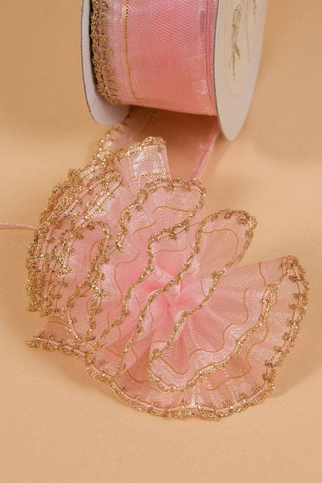 1.5" X 25yds Side Pull Bow W/gold Trim Pink