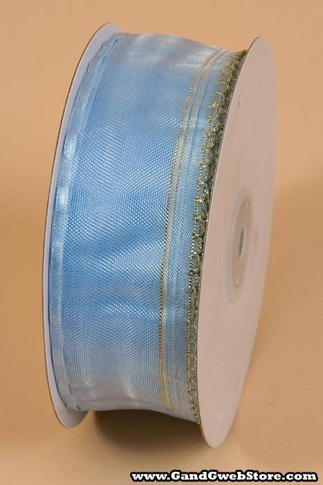 1.5" X 25yds Side Pull Bow W/gold Trim Light Blue