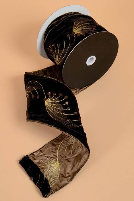 4" X 10yds Velvet Embroidered Wired Ribbon Black/gold
