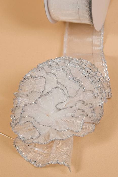 1.5" X 25yds Side Pull Bow W/silver Trim White