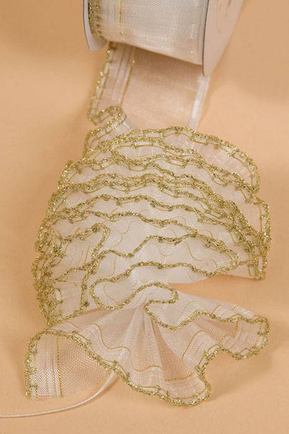 1.5" X 25yds Side Pull Bow W/gold Trim White