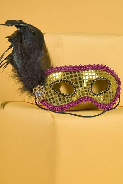 Feather Eye Mask W/feather Golden/fuchsia/black