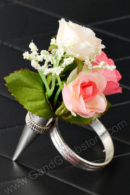 Napkin Ring W/boutonniere Holder Silver Pkg/4
