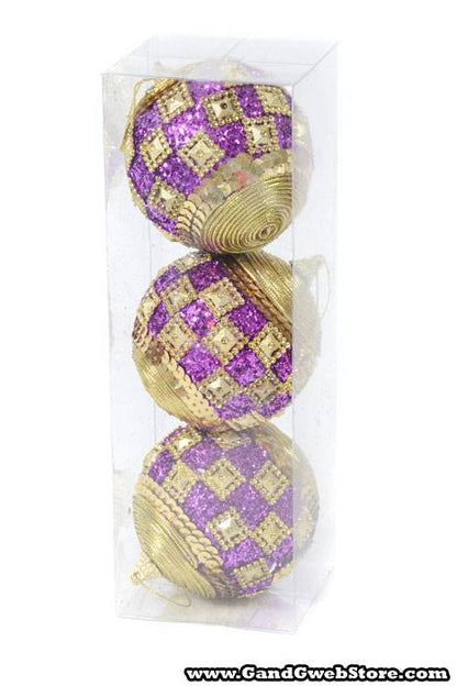 4" Glitter Sequin Ball Ornament Purple/gold Pkg/3