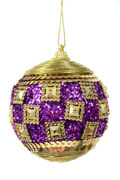 4" Glitter Sequin Ball Ornament Purple/gold Pkg/3
