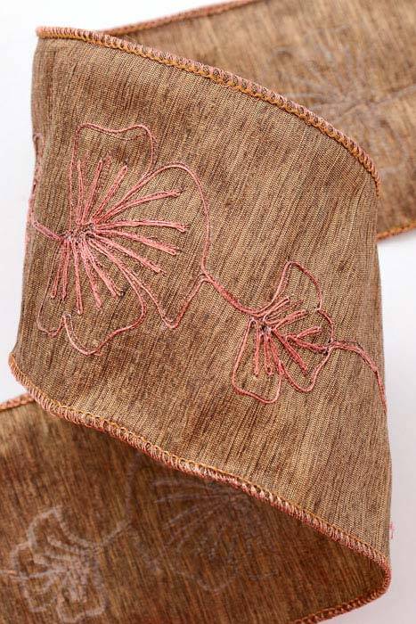 4&quot; X 10yds Ginko Leaves Embroidered Ribbon Brown