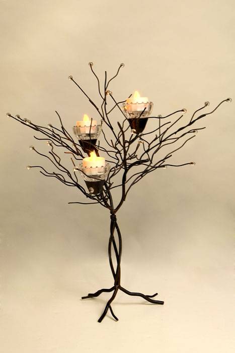 17&quot; Metal Twig Candle Holder W/3 Cups Black