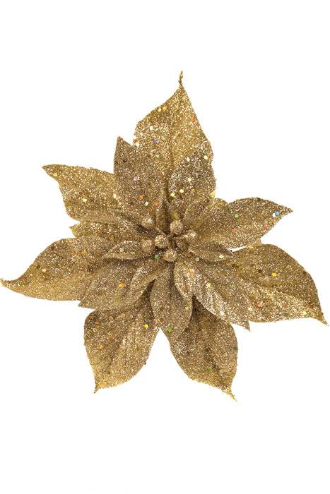 9" Glitter Poinsettia Pick Gold Pkg/12