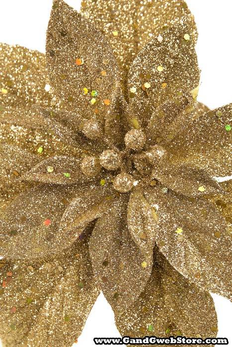 9" Glitter Poinsettia Pick Gold Pkg/12