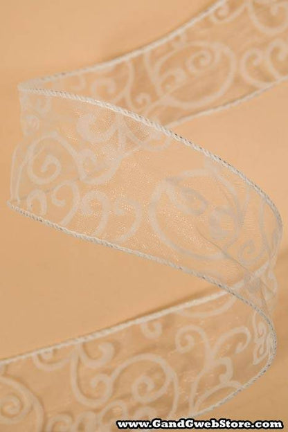 2" X 27yds Wired Sheer Ribbon Swirl Ivory
